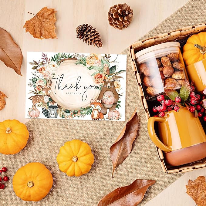 JarThenaAMCS 50 Pack Fall Woodland Thank You Cards Boxed Forest Animal Floral Pumpkin Greeting Cards with Envelopes Stickers Autumn Blank Note Card for Birthday Baby Shower, 4 x 6 Inch