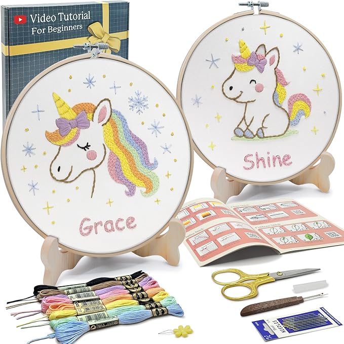 Bradove Embroidery Kit for Kids and Adults, Unicorns Embroidery Kit for Beginners, Easy Needlepoint Starter Kit with 2 Display Stands