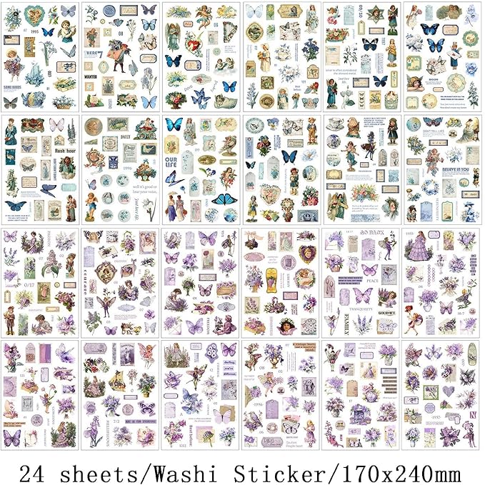 Vintage Stickers for Scrapbooking, Junk Journal - 24 Sheets Washi Sticker, Victorian Journal Stickers Book for Women, Self-Adhesive Scrapbook & Junk Journal Supplies (Blue)