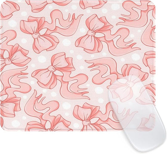 Seorsok Square Abstract Art Pink Bows and White Dots Mouse Mat,Premium Textured Mouse Pads for Office Laptop,Washable Square Mousepads with Extended Stitched Edges Non Slip Rubber Base