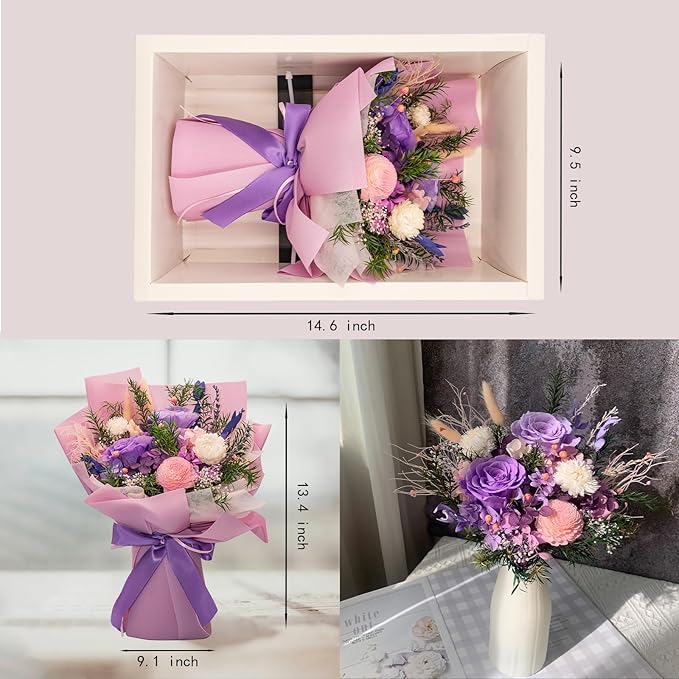 HUACHIPLUS Natural Eternal Flowers Gift: Preserved Flowers Bouquet, Anniversary, Birthday, Mom Gifts for her-Flowers for Delivery Prime-Purple Forever Christmas flower arrangement (Lilac)