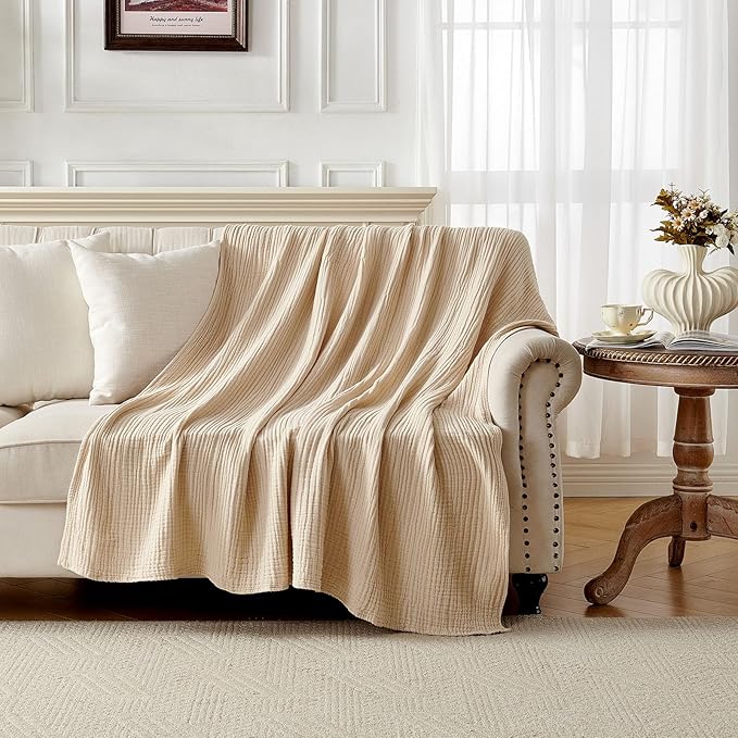 Joydeco 100% Cotton Muslin Throw Blanket for Couch Bed and Sofa, 4-Layer Lightweight and Breathable Soft Gauze Blanket for All Season, Luxury Throws Cotton Blanket Gift(Light Tan, 55"x75")