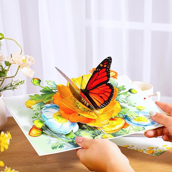 Butterfly on Flower Pop-Up Birthday Card – Handmade 3D Monarch Butterfly Floral Card for Wife, Mom, Her, Sister, Daughter, Ideal Gift for Birthday, Get Well, Thank You, Mothers Day, 6x8 inch