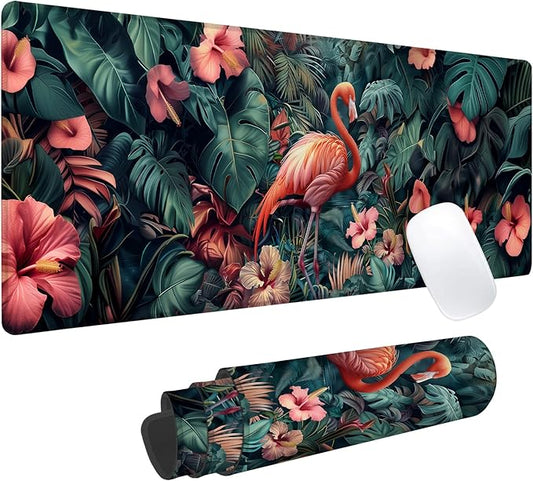 Tropical Flamingo Gaming Mouse Pad, Office Desk Mat, Anti-Slip Rubber Base Cool Aesthetic Mouse Pads for Computer Laptop Keyboard School Home Desktop Gamer Home Accessories Decor 31.5" x 11.8"