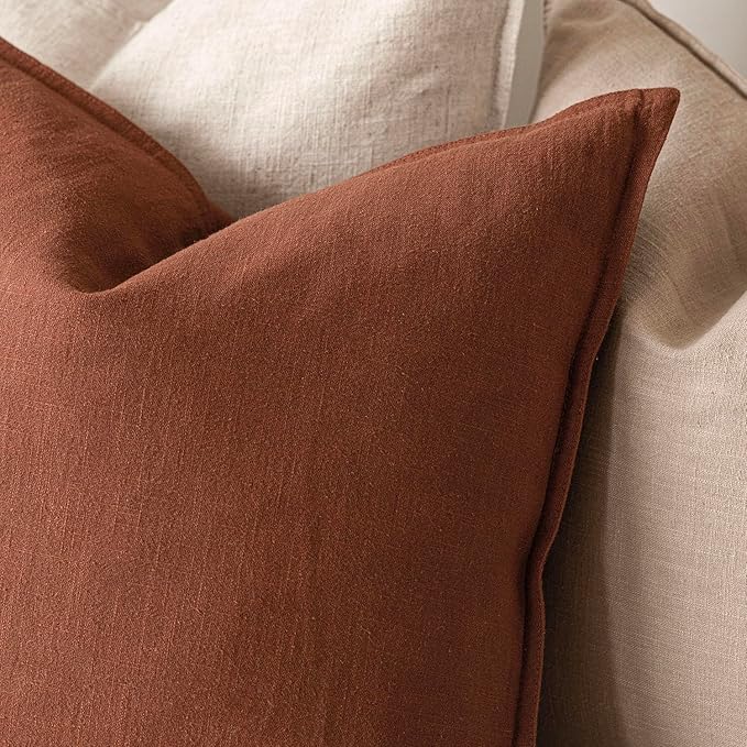 Foindtower Pack of 2, Decorative Linen Soild Throw Pillow Covers Soft Accent Cushion Case Farmhouse Neutral Pillowcase for Chair Couch Sofa Bedroom Living Room Home Decor 20 x 20 Inch Fall Rust Orange