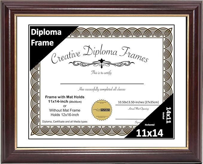 Creative Picture Frames 11x14 Mahogany Gold Rim Diploma Frame with White Mat Glass and Installed Wall Hangers | Frame Holds 12x16 Media without Mat