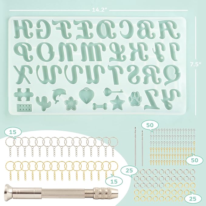 Mocoosy 182Pcs Fancy Alphabet Resin Molds Silicone Kit, Reversed Letter Keychain Epoxy Resin Casting Molds, Resin Key Chain Making Set with 1 Hand Drill 2 Drill Bits 30 Key Rings 100 Screw Pins
