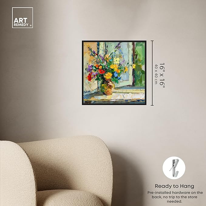 Art Remedy Vase By The Window Framed Impressionism 1 Piece Canvas Wall Art/Monet And Van Gogh Inspired Art, 17" x 17", Black Frame