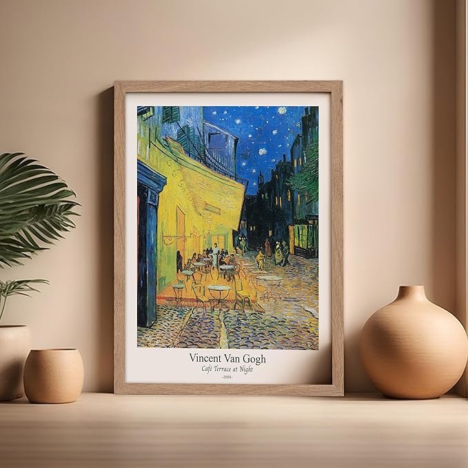 Monem Art Vintage Van Gogh Poster - Retro Cafe Terrace at Night Print - Impressionism Art - Fine Art - Classic Painting Art - Aesthetic Living Room or Bedroom Wall Decor - 16x20 Beige Framed