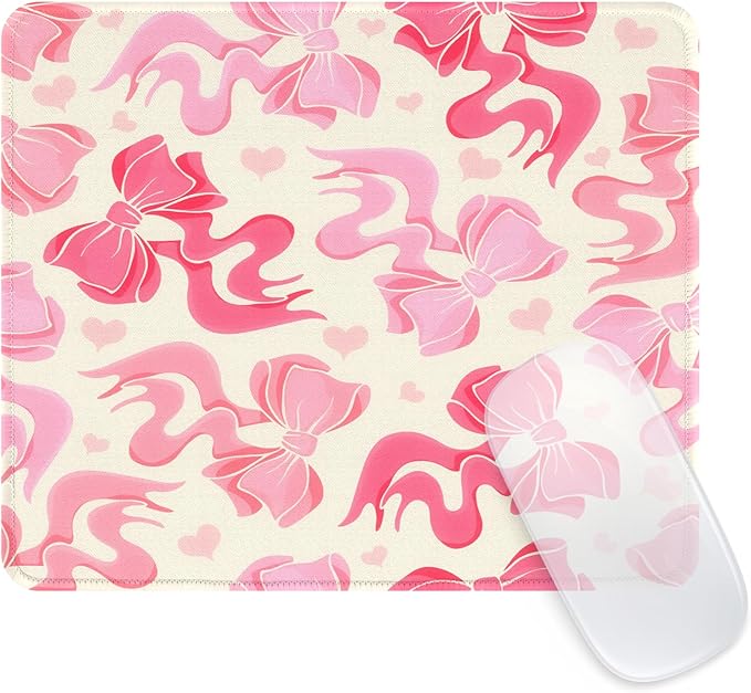 Seorsok Square Abstract Art Pink Bows and Little Love Heart Mouse Mat,Premium Textured Mouse Pads for Office Laptop,Washable Square Mousepads with Extended Stitched Edges Non Slip Rubber Base