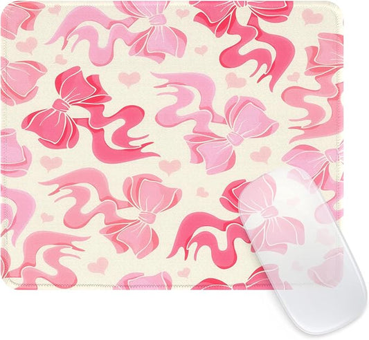 Seorsok Square Abstract Art Pink Bows and Little Love Heart Mouse Mat,Premium Textured Mouse Pads for Office Laptop,Washable Square Mousepads with Extended Stitched Edges Non Slip Rubber Base