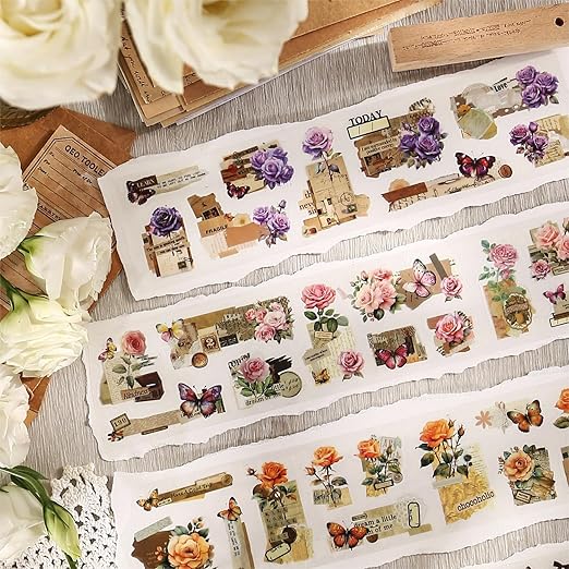 6Pcs Floral PET Tapes, Vintage Pre-Cut Tapes for Journaling, Scrapbooking, and Junk Journal Supplies, with Decorative Clip