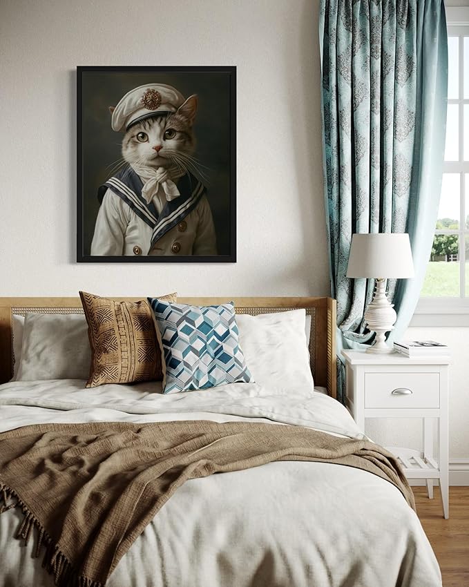 Sailor Cat Art Poster Print, Cat Kitten Painting Humor Portrait Pet Artwork Decor Gallery A8 (Sailor, 16 x 20 inches, Black Frame)