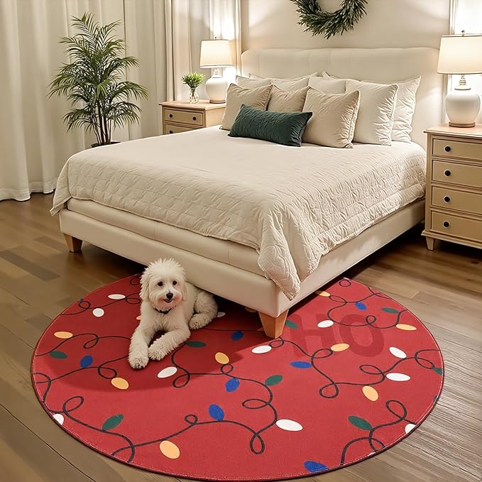jinchan Jingle Lights Round Christmas Rug for Living Room 5ft Red Circle Holiday Rug for Bedroom 5' Colored String Lights Printed Xmas Decor Washable Indoor Carpet for Dining Room Foyer Non-Slip