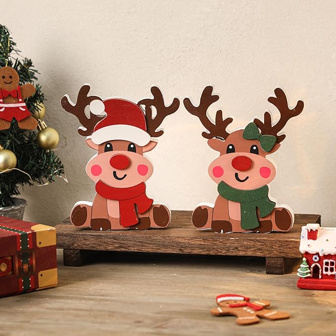 Amorita Reindeer Christmas Decor - 2 Piece Brown Reindeer Couple for Christmas Tiered Tray Decor - Elegant Wood Tiered Tray Xmas Centerpiece Table Decorations