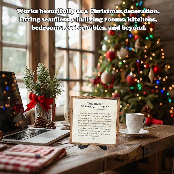 Christmas Shelf Decor, The Night Before Christmas Sign With Stand, Xmas Desk Decor Sign for Farmhouse Home Room Table Shelf, Winter housewarming Gifts for Family Friend Coworker - 01