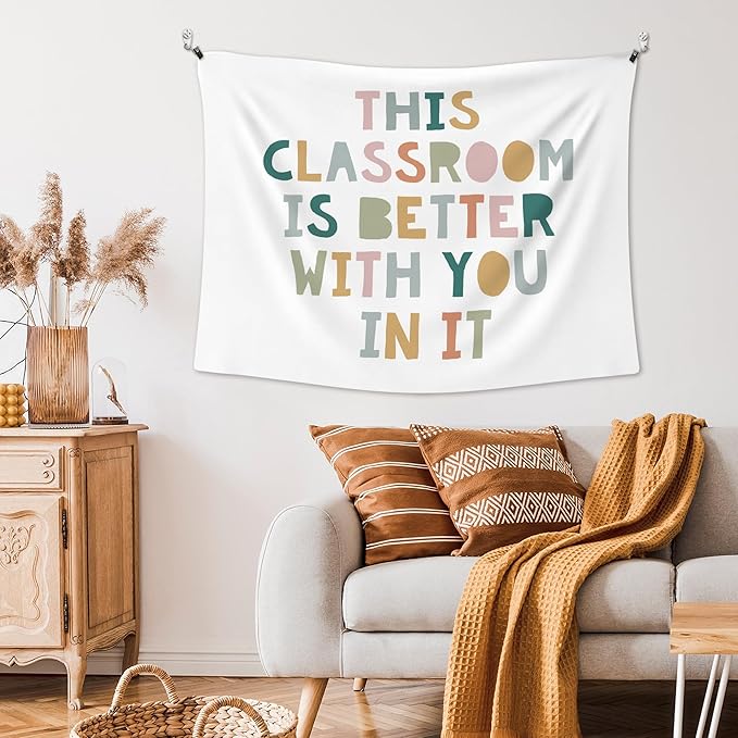 XLDLIOO Boho Classroom Tapestry, Boho Classroom Decor, This Classroom Is Better With You in It Kids Wall Tapestry Hanging, Inspirational Tapestries Decor Art for Nursery Kids Room Playroom 40x30in