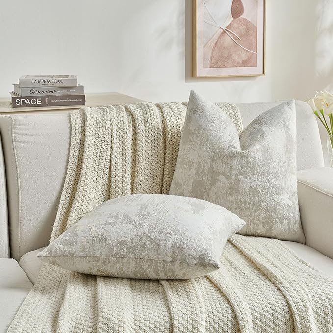 FUTEI Beige White Decorative Throw Pillow Covers 20x20 Inch Set of 2,Jacquard Weave Cushion Case in Soft Faux Cashmere,Modern Home Decor for Couch Living Room