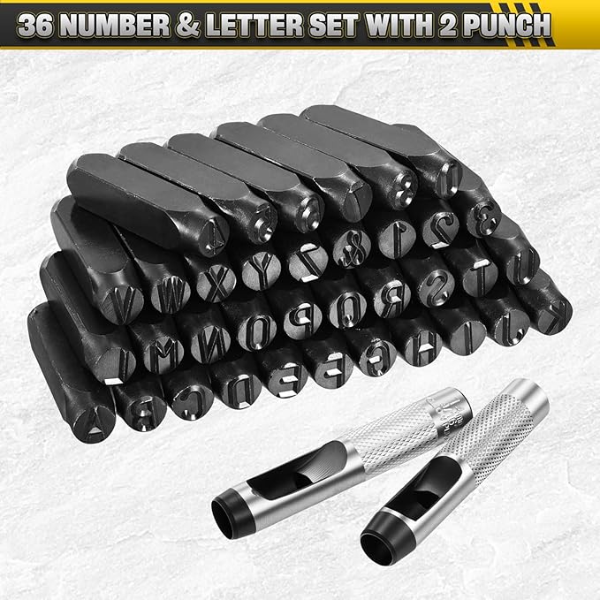 WorkBless 36PCS Metal Stamping Kit, 1/2"(12.5mm) Steel Number and Letter Punch Set, Include A-Z Alphabet, Number 0-8, & Symbol, Stamping Tool for Imprinting Plastic, Wood, Leather, Jewelry