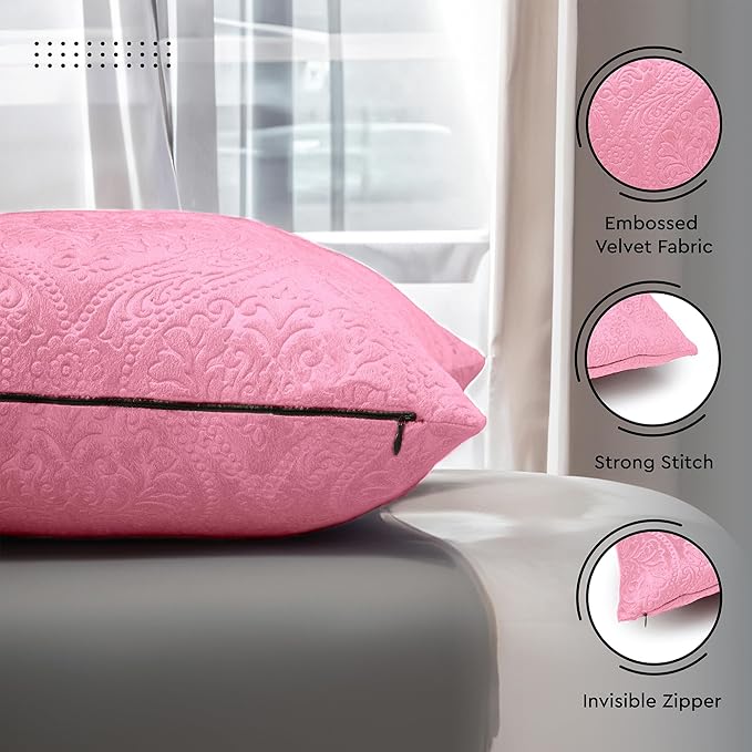 Encasa XO Luxury Embossed Velvet Cushion Covers - Plush Throw Pillow Covers for Elegant Living Rooms & Bedrooms, Machine Washable, 18x18 Pink | Set of 2 | Covers Only No Insert.