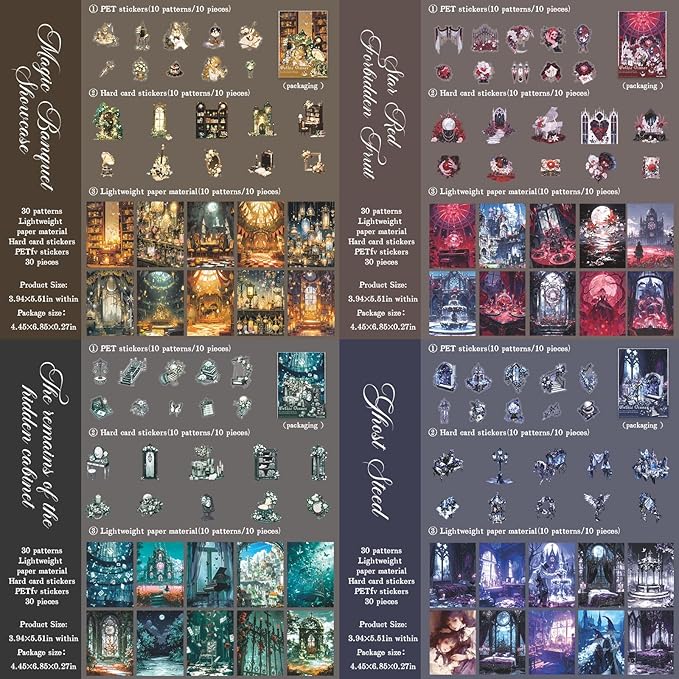 120 Pieces Gothic Dark Horror Landscape Creation Sticker and Scrapbook Paper Kit, 4 Pack Dark Aesthetic Designs Stickers for Scrapbooking, Journaling, Waterproof DIY Crafts and Junk Journal
