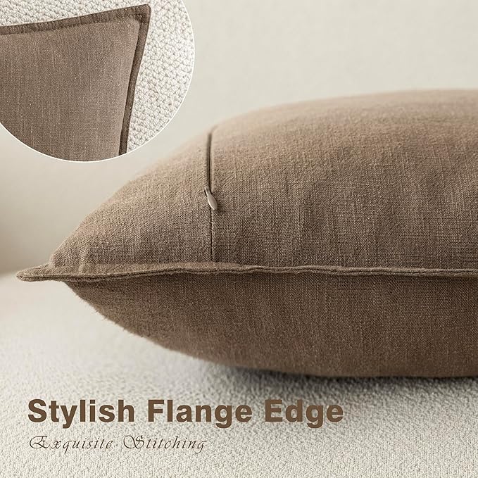 Foindtower Pack of 2, Decorative Linen Soild Throw Pillow Covers Soft Accent Cushion Case Boho Farmhouse Neutral Pillowcase for Chair Couch Sofa Bedroom Living Room Home Decor 24 x 24 Inch Light Brown
