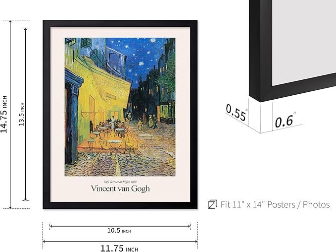 Monem Art Vintage Van Gogh Poster - Retro Impressionist Print - Cafe Terrace at Night, Arles, Stars, Aesthetic - Gift for Artist, Friend - Wall Decor for Home, Office, 11x14 Black Framed