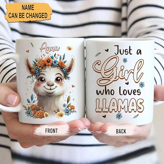 Hyturtle Personalized Cute Llama Coffee Mug - Gift For Llama Lover - Just A Girl Who Loves Llamas - Llama Gift For Women - Animal Lover Gift - Birthday - Custom Coffee Cup Ceramic Mug 11oz - 15oz
