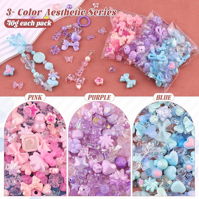 180-240PCS TINKRSTUFF Assorted Acrylic Beads 3 Mixed Colors Cute Beads for Bracelet Making, Bow Aesthetic GummyBear Flower Butterfly Kawaii Charms for Jewelry Making DIY Necklace Keychain Phone Charm