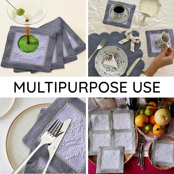 Cocktail Napkins Set of 6, 6x6 inch, 100% Linen, French Knot Hand Embroidered Floral Pattern, Reusable & Washable Napkin Coasters for Drinks, Parties, Weddings (Grey)