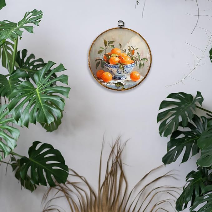 Hiuwevt Chinoiserie Orange Round Wall Art Decor, Retro Still Life Framed Canvas Prints, Blue and White Porcelain Citrus Fruit Round Wall Hanging Decor for Bedroom Home Decorations, 10x10 Inches