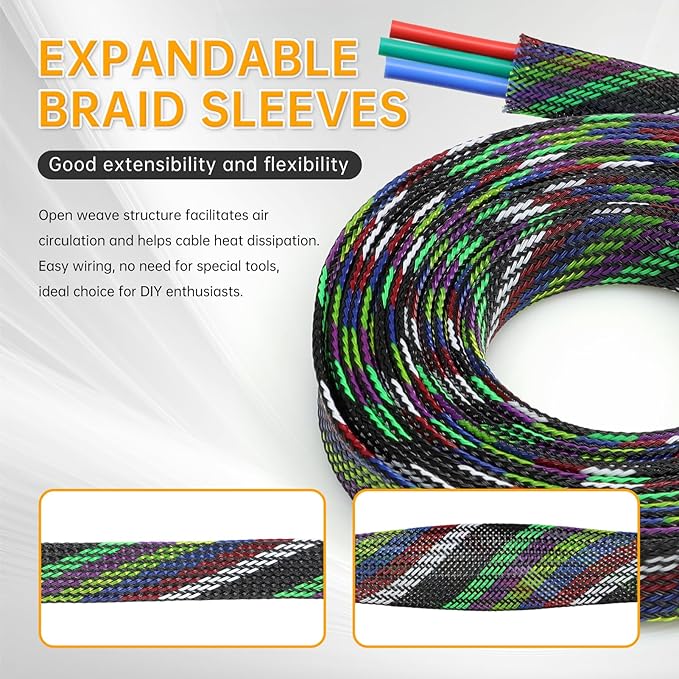 Braided Wire Loom Sleeve - Pet Proof Chew Resistant Cable Wrap, High Density Expandable Cable Sleeving for Automotive Wire Harness & PC Computer Case 16.4ft (7 Colors, 4mm (5/32"))