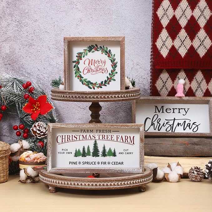Christmas Tiered Tray Decor, Merry Christmas Block Sign Embossed Metal With Wood Frame, Rustic Farmhouse Winter Decoration for Shelf, Mantel, Home Decor