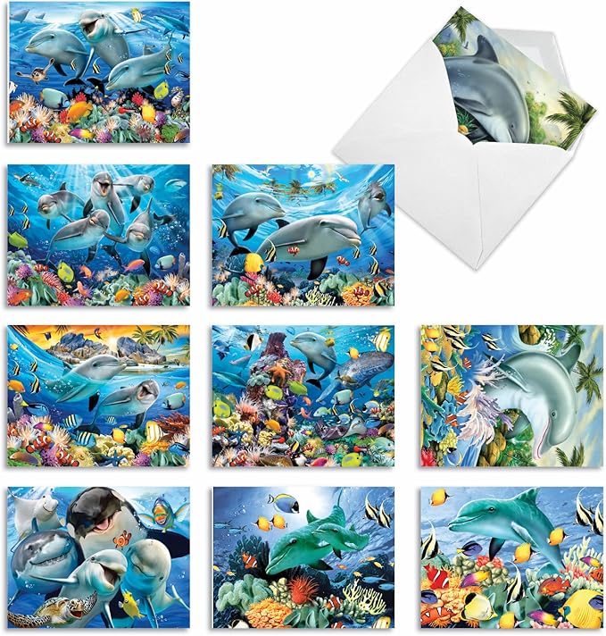 The Best Card Company - 10 All Occasion Blank Cards (4 x 5.12 Inch) - Nautical, Ocean, Sea Life Assortment of Notecards - Multi Porpoises M6643OCB