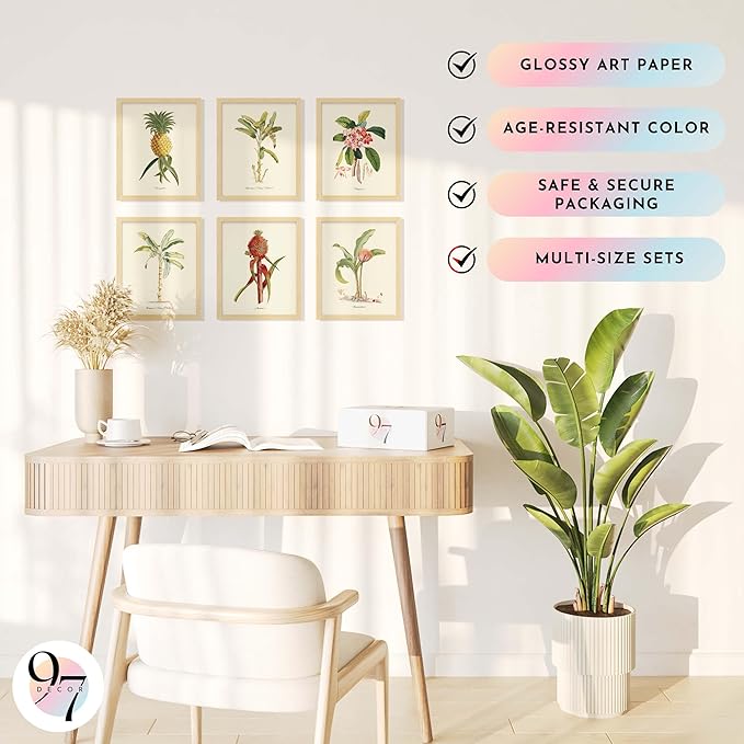 97 DECOR Vintage Tropical Botanical Wall Art - Tropical Plants Prints, Tropicals Wall Decor, Hawaiian Botanical Posters, Pineapple Pictures Banana Palm Tree Painting for Home Decoration (8x10 UNFRAMED)