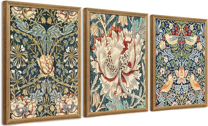 Fantasy Artists 3 piece Framed William Morris Wall Art Vintage Botanical Floral Art Wall Decor Painting Farmhouse Artwork Aesthetic Posters Prints for Living Room Bedroom Bathroom 12x16 inches