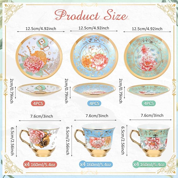 Set of 12 Tea Cups and Saucers Tea Party Decorations Floral Porcelain 5.4 oz British Gift for Women Birthday Party, Church, and Mother's Day (Classic Style)