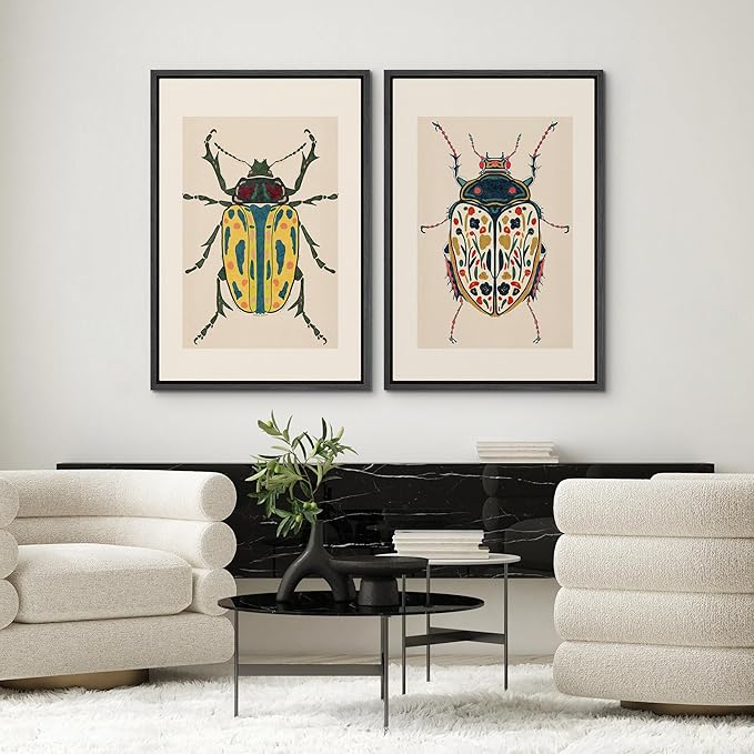 SIGNWIN Framed Canvas Print Wall Art Set Colorful Beetle Vintage Insect Illustrations Modern Art Minimal Boho Colorful for Living Room, Bedroom, Office - 16"x24"x2 BLACK