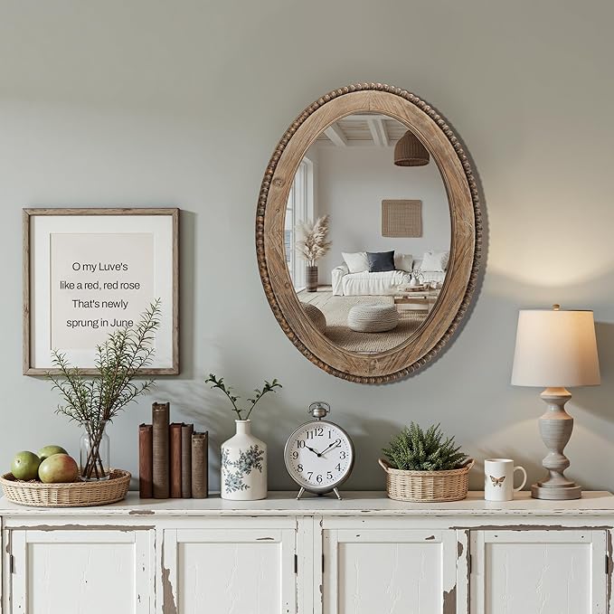 LuxenHome Traditional Oval Wall Mirror, 32-Inch Wood Framed Accent Wall Mirrors, Farmhouse Decorative Wooden Mirror Accent Entryway Wall Mirror, Wall Mounted Mirror Living Room Wall Decor
