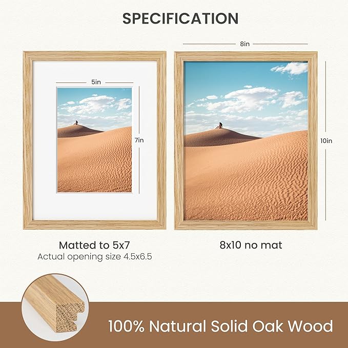 Dreamland 8x10 Picture Frame, Solid Oak Wood Photo Frame with Mat for 5x7, 8 x 10 Matted Picture Frames with Resistant Plexiglass for Wall Mounting or Tabletop, Oak Color, Set of 1