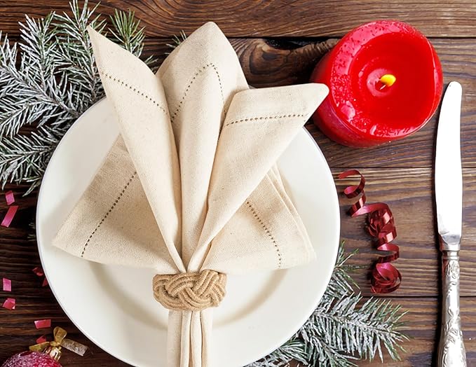 Lightnpro Flax Linen Napkins Set of 12, Hemstitched Dinner Cloth Napkins, Washable and Reusable for Dining, Parties, Weddings, Holiday & Everyday Use – 18x18 Inch Natural Color