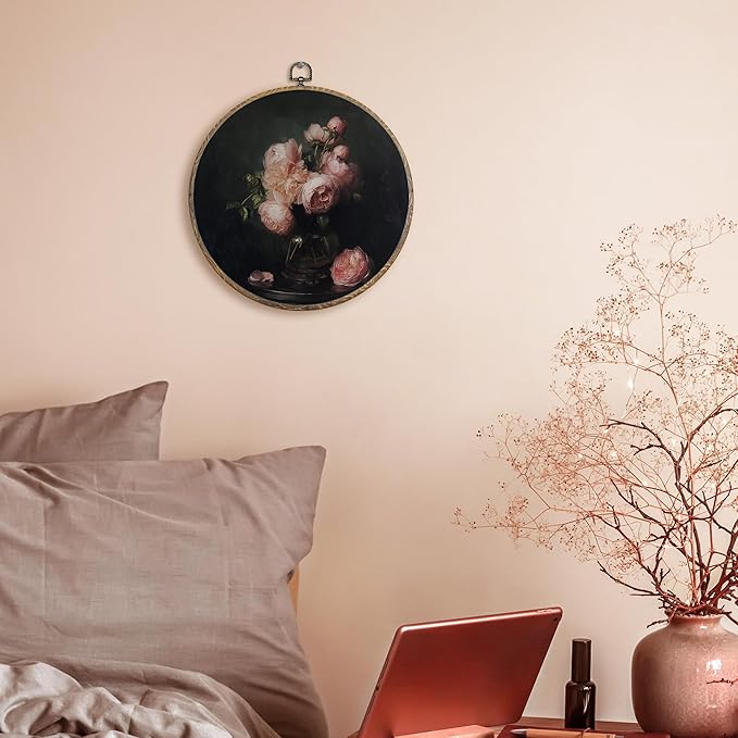FUGWN Vintage Pink Peony Floral Round Wall Art Decor Framed, Dark Cottagecore Floral Canvas Artwork Prints, Moody Botanical Flower Wall Hanging Decorations for Home Bedroom Living Room, 10x10 Inch