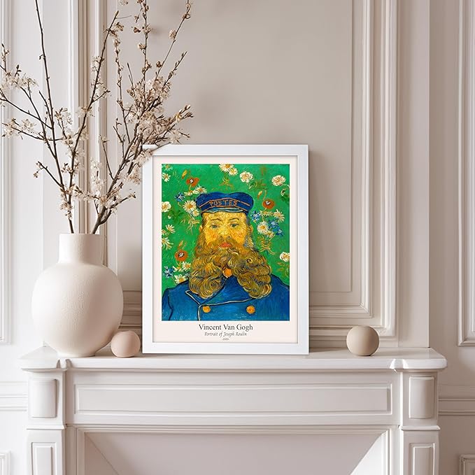 Monem Art Vintage Van Gogh Poster - Retro Portrait of the Joseph Roulin Print - Impressionism Art - Postman Art - Fine Art - Classic Painting Art - Living Room Wall Decor - 11x14 White Framed