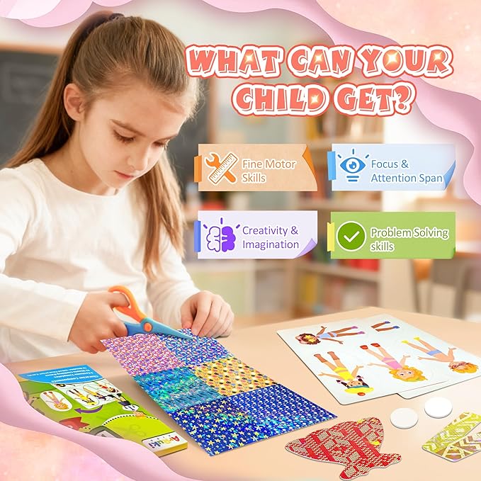 Dress-Up Cutting and Pasting Set, Paper Make Doll Clothes Craft Kit, 24 PCS Pretend Play Game for Girls, Outfit and Accessory Pieces, Mess-Free Travel Toys for Kids Ages 4-8