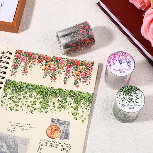 Floral Washi Tape, 3 Rolls Washi Tape Stickers, Pet Decorative Tapes Stickers, 50mm Wide Self Adhesive Green Leaf Rose Vine for Scrapbook Journal Craft