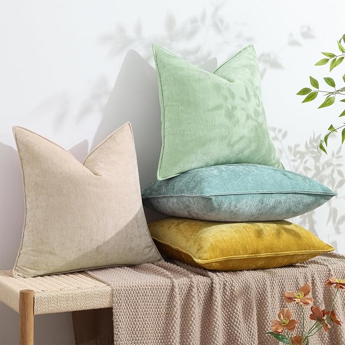 decorUhome Spring Couch Euro Sham Throw Pillow Covers 24x24 Set of 2, Decorative Soft Velvet Neutral Chenille Pillow Covers with Elegant Design for Sofa Bed Living Room Home Decor, Beige