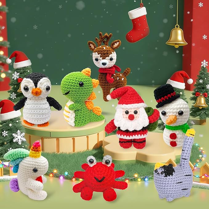 8Pcs Crochet Kit for Beginners, 2026 Great Christmas Gift for Crochet Lovers, DIY Craft for Adults and Kids, Crocheting Animal Kits with Step by Step Videos, Yarn, Crochet Hook, Birthday Holiday Gift