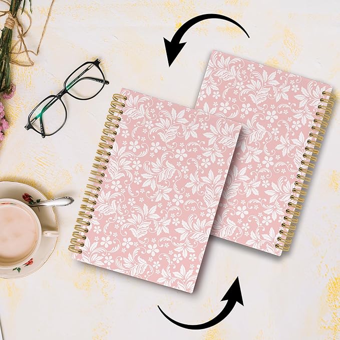 Vintage Flower Pink Journal Notebook - Aesthetic Botanical Floral Notebooks College Ruled for Work School, Gifts for Women Coworker, Office Supplies, Hardcover Spiral Notebook 5.5"x8.3"