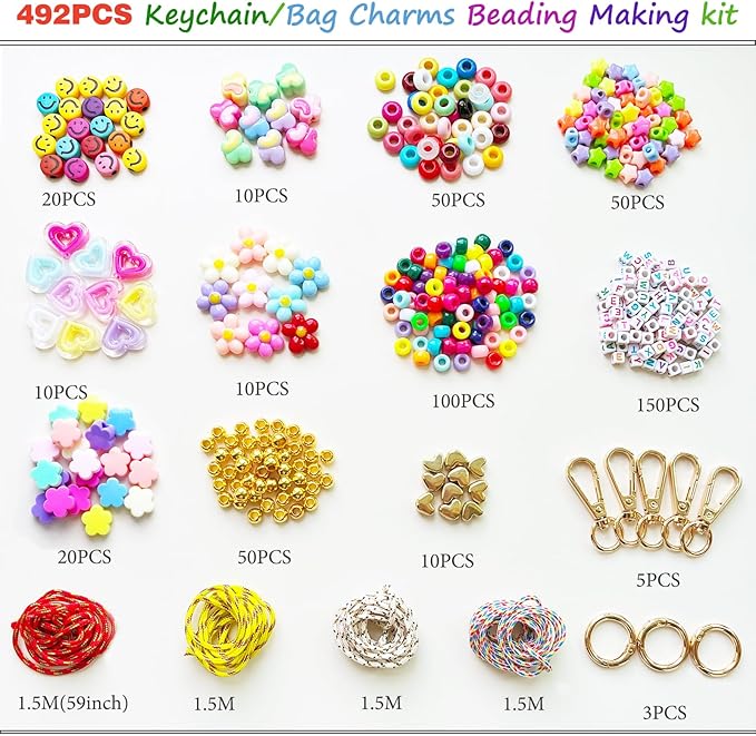 BOAJUNWU 492PCS Beaded Keychain Making Kit for Women,Acrylic Alphabet Bead Jewelry Making Kit Bag Charms DIY Key Chain Beads Supplies Crafts Accessoriess
