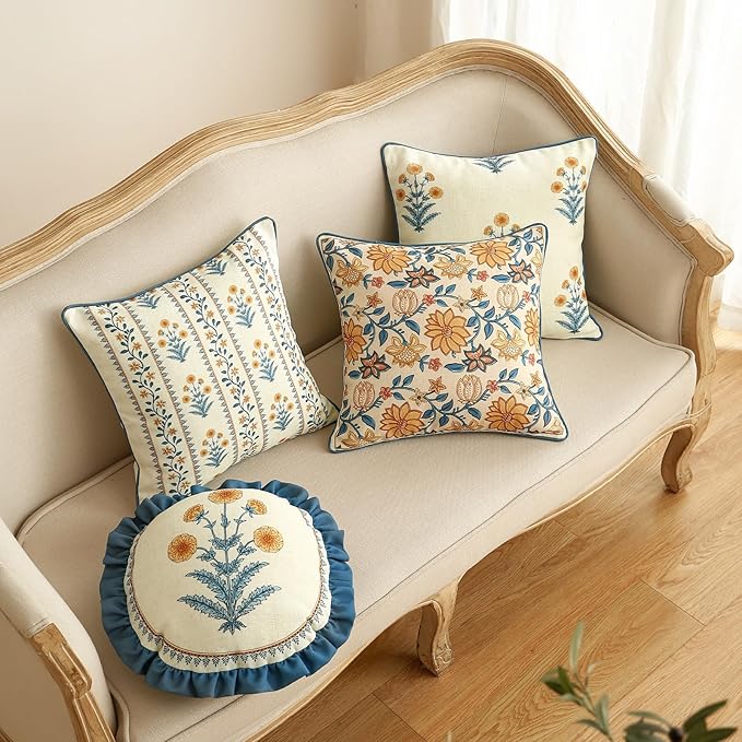 ISAENNE Design Simple Elegant Linen Throw Pillow Covers Set of 4, Blue Yellow Floral Pattern Cushion Covers Decor Lumbar Round Square Pillowcases for Bed,Living Room,Outdoor,Car